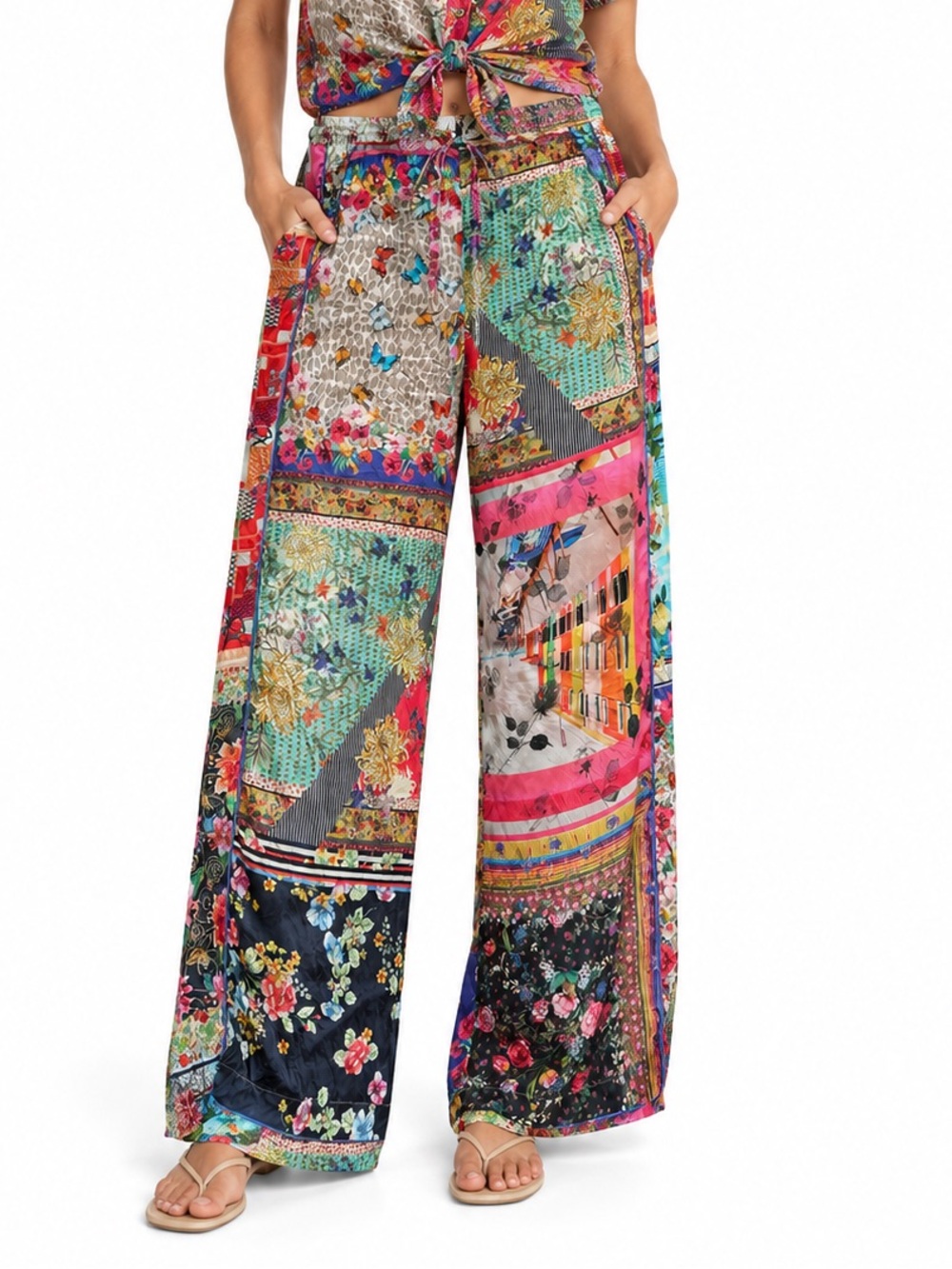 Johnny Was Silk Patchwork Flowy Pants Arya Tami Scarf Print Wide Leg Size XL